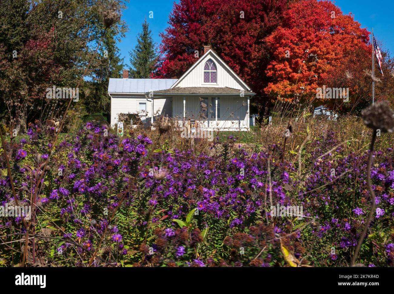 Grant Wood's American Gothic House, Eldon, Iowa, bright fall colors