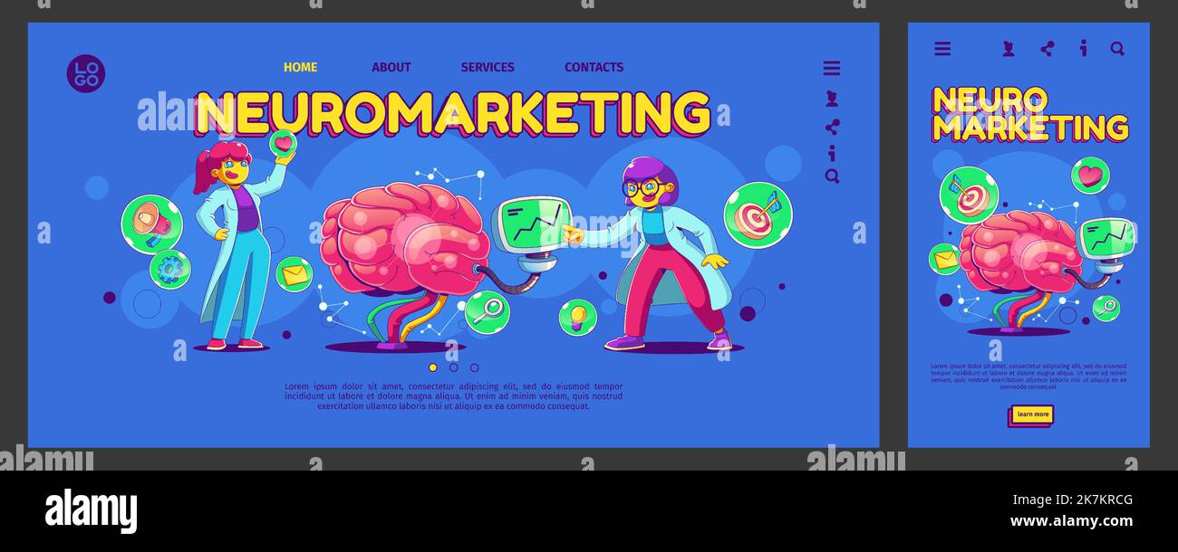 Neuromarketing technology landing page, app ui ux onboard screen. Concept with contemporary female characters in lab coat analyzing customer behavior and developing strategy checking artificial brain Stock Vector