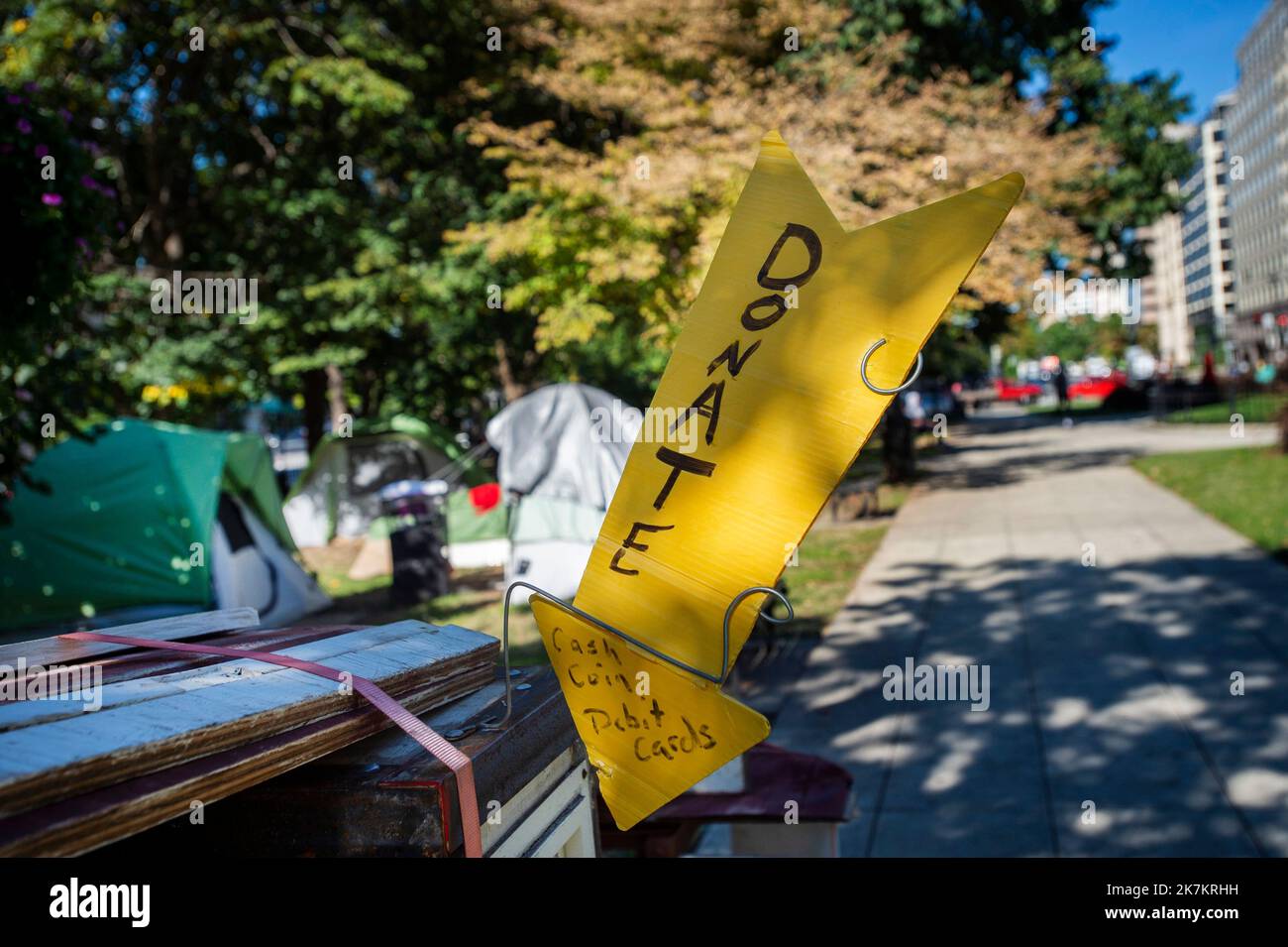 A donation box is set up where Daniel Kingery, 61, calls home in