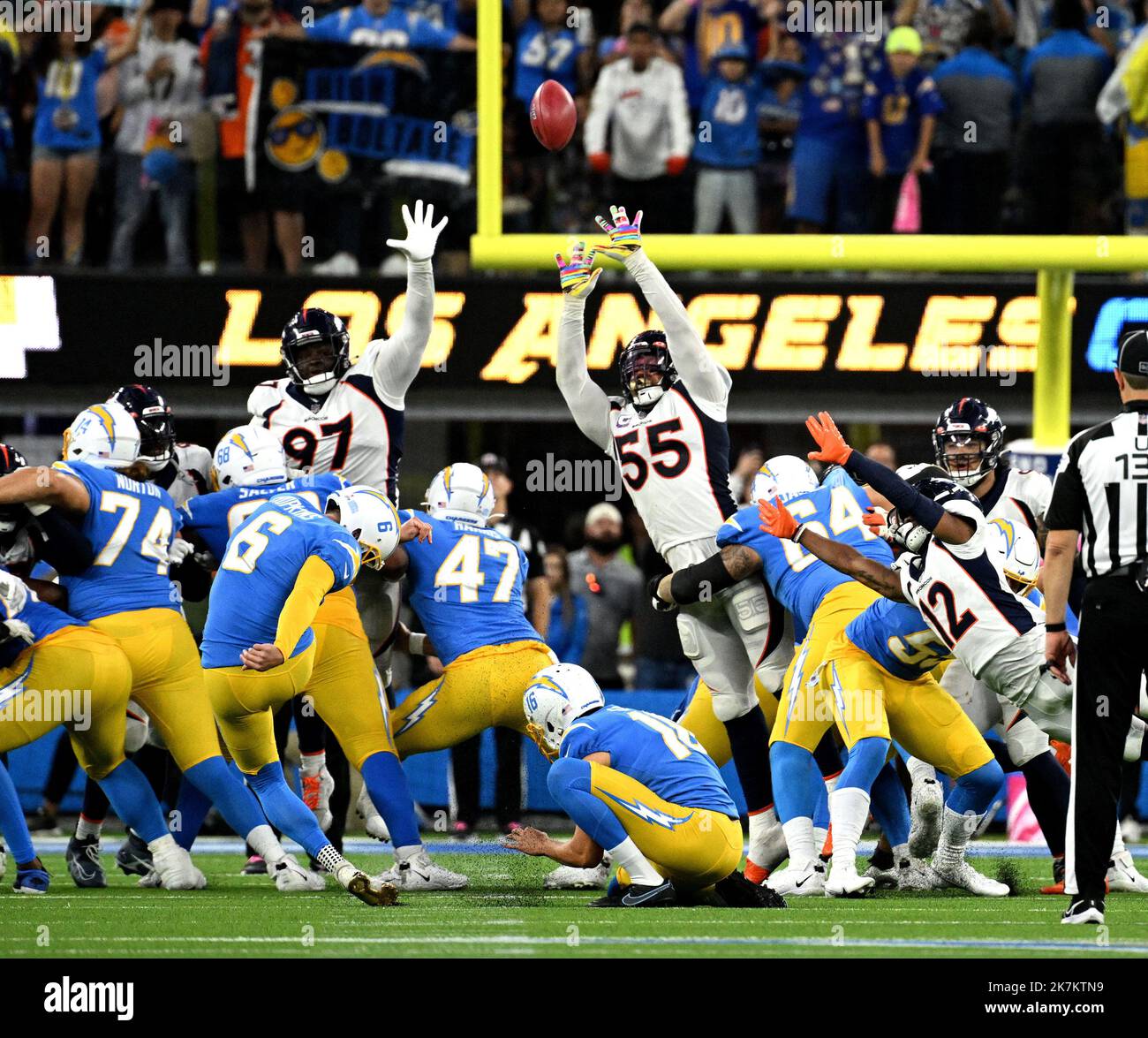 Los Angeles Chargers kicker Dustin Hopkins (6) kicks the game winning field goal against Denver