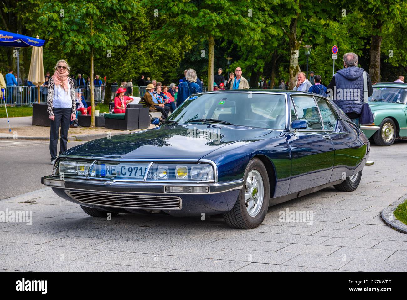 BADEN BADEN, GERMANY - JULY 2019: dark blue CITROEN SM coupe 1970 1975 with opened hood, oldtimer meeting in Kurpark. Stock Photo