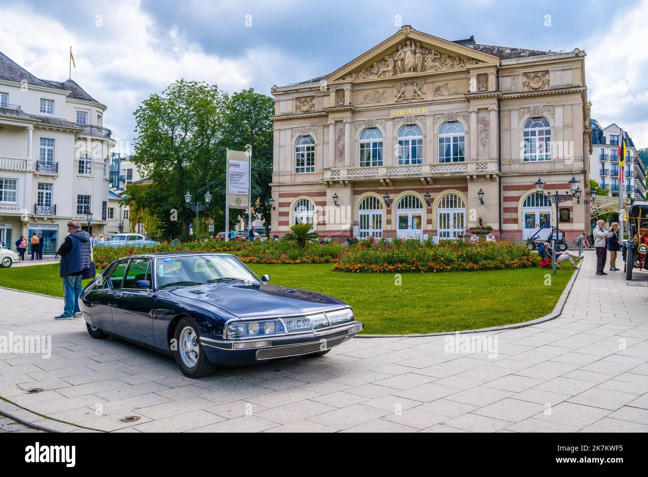 BADEN BADEN, GERMANY - JULY 2019: dark blue CITROEN SM coupe 1970 1975 with opened hood, oldtimer meeting in Kurpark near Theater. Stock Photo