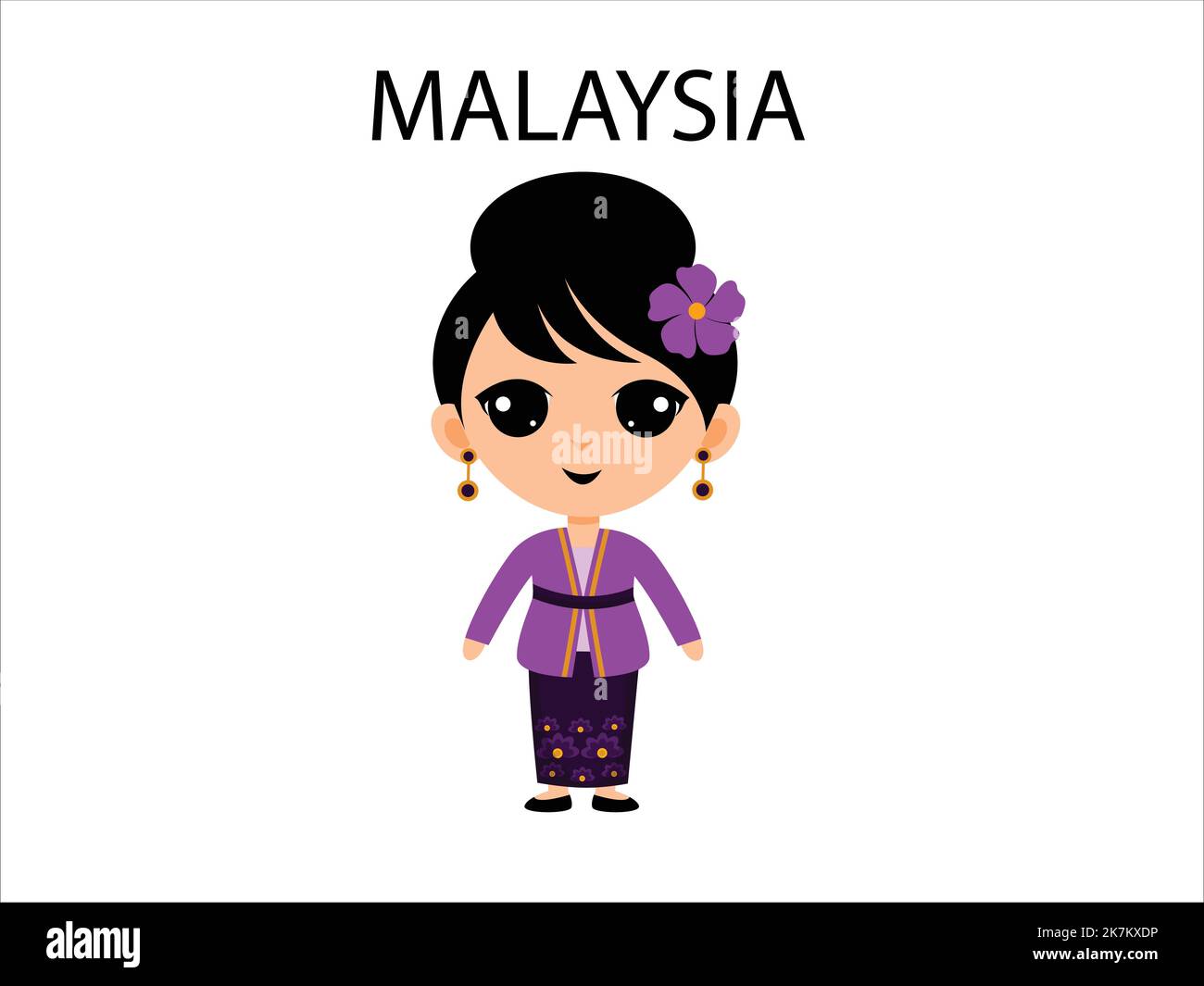 Malaysia girl wearing traditional outfit cartoon character vector illustration, on white isolated background Stock Vector