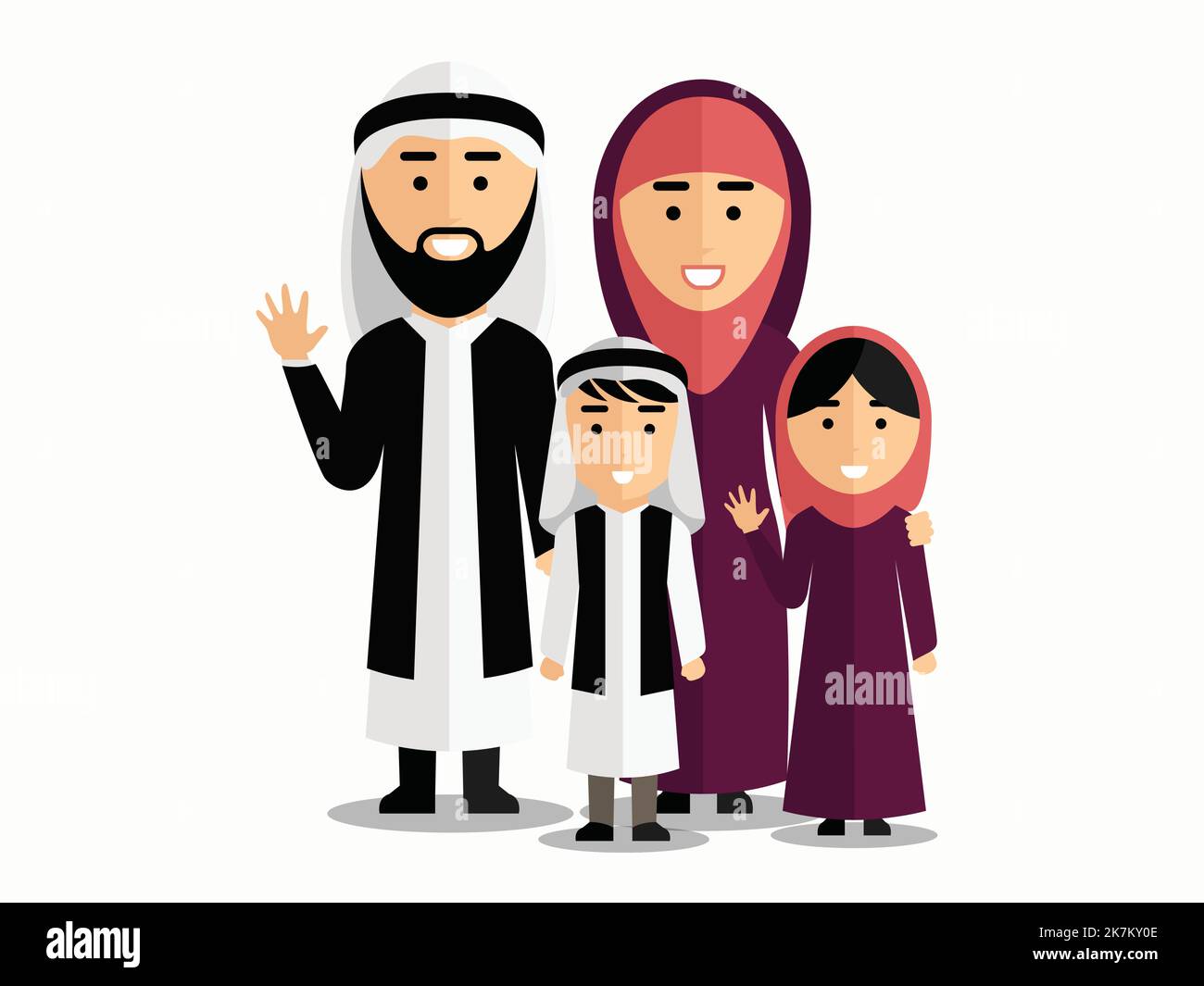 Saudi Muslim family in traditional Islamic outfit vector cartoon character diversity illustration Stock Vector