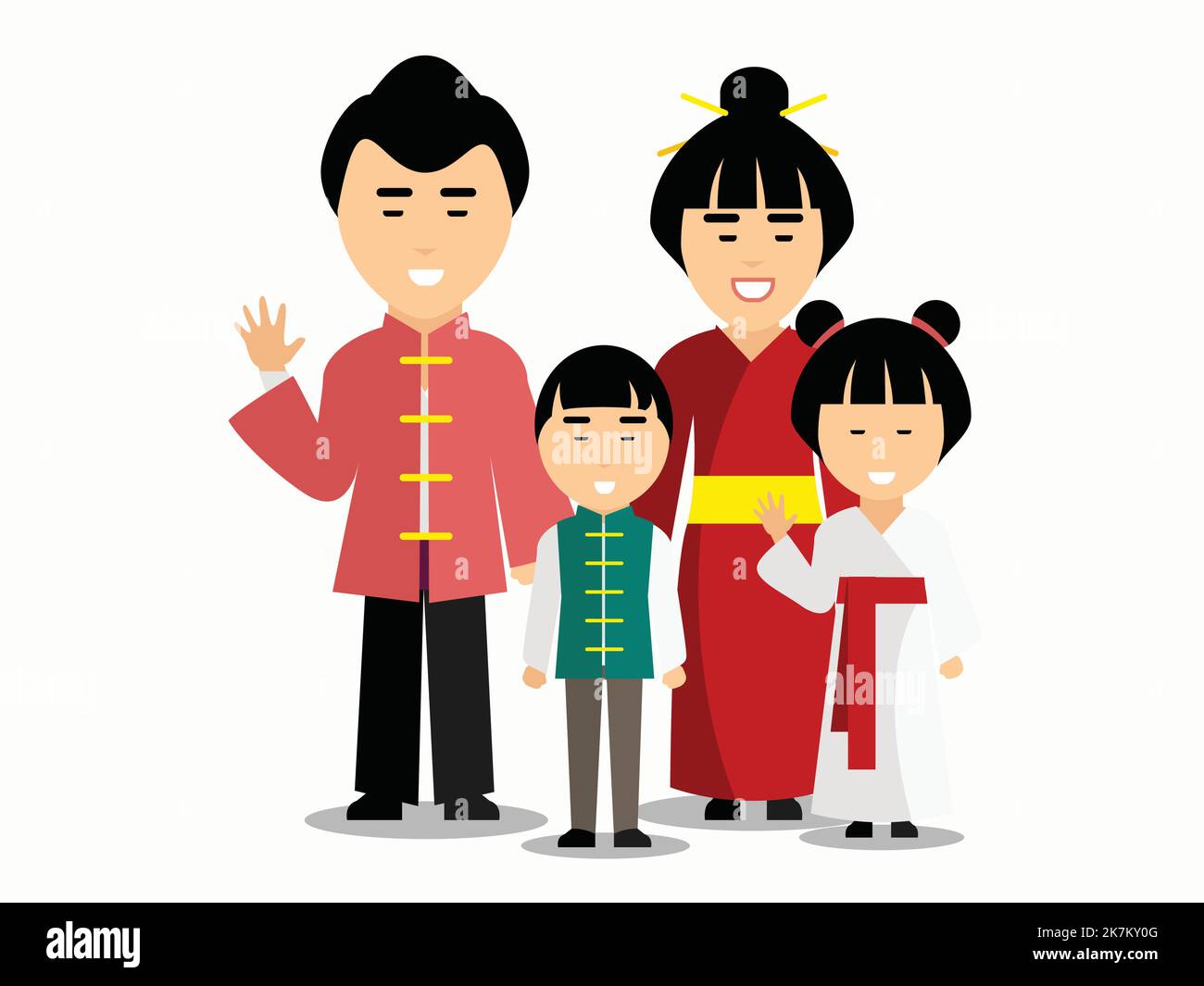 Chinese family wearing traditional outfit vector cartoon character diversity illustration on white isolated background Stock Vector