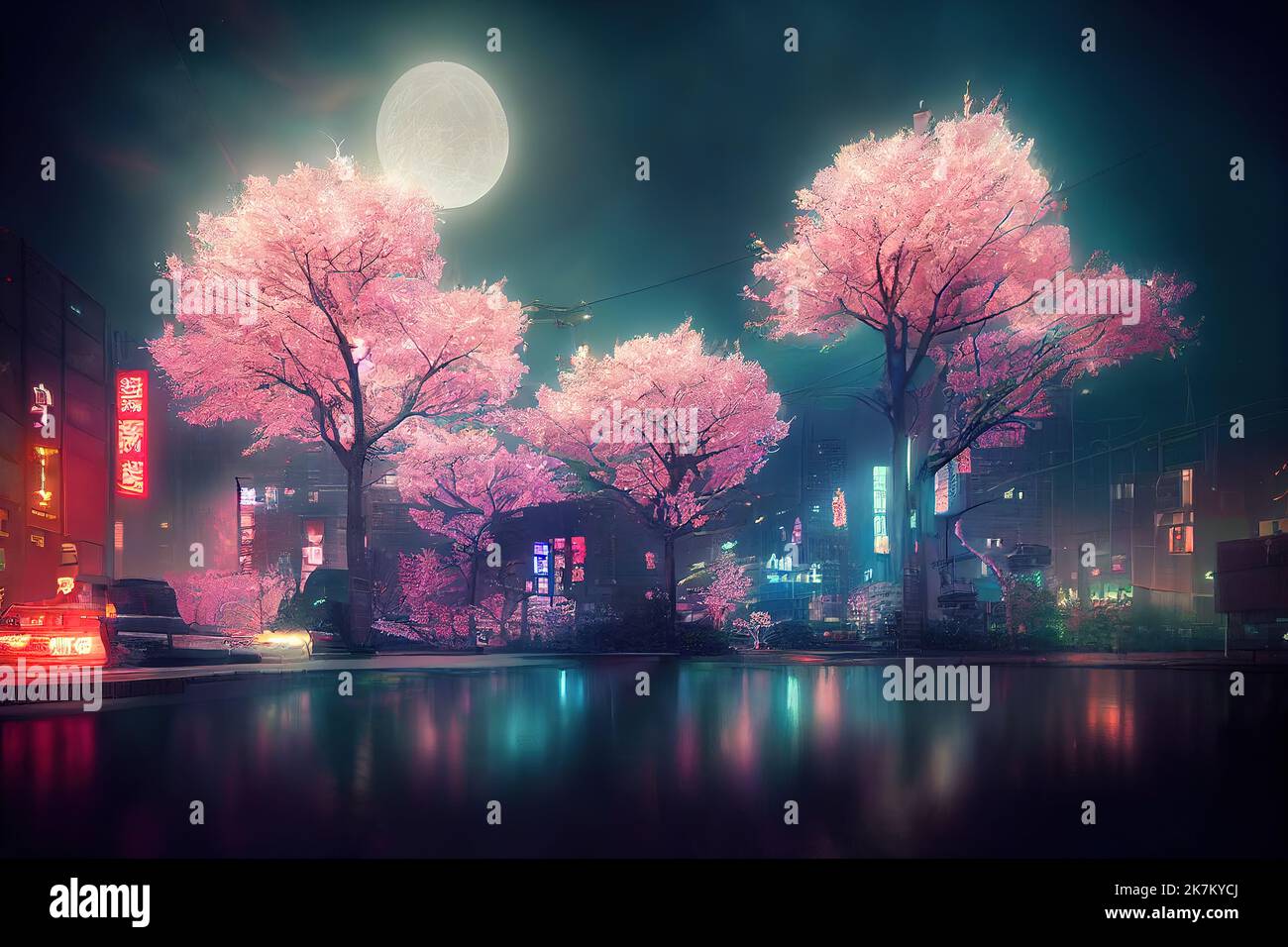 Fantasy Japanese night view city citycape, neon light, residential ...