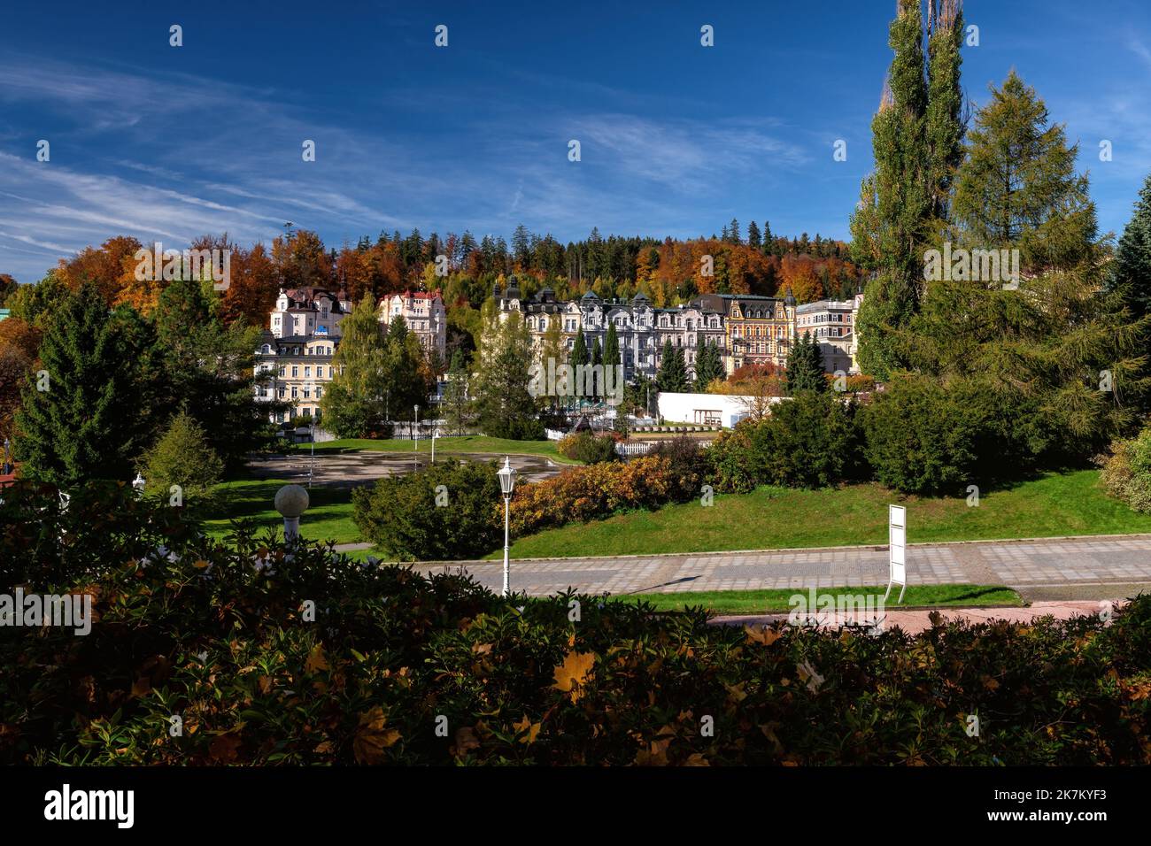 Autumn in Marianske Lazne (Marienbad) - view of the town from the main colonnade - Stock Image