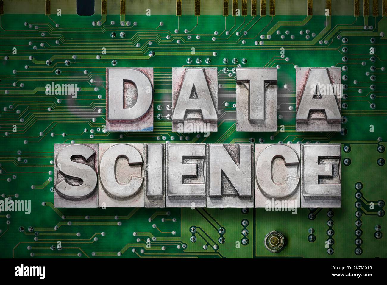 data science phrase made from metallic letterpress blocks on the pc board background Stock Photo