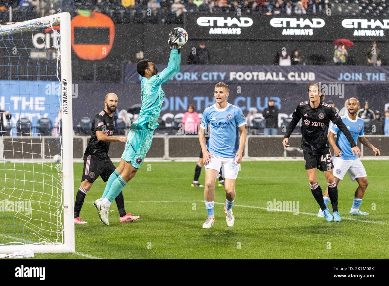 Goalkeeper Drake Callender (27) of Miami saves during Audi 2022 MLS Cup playoffs round one against NYCFC at Citi Field on October17, 2022 Stock Photo