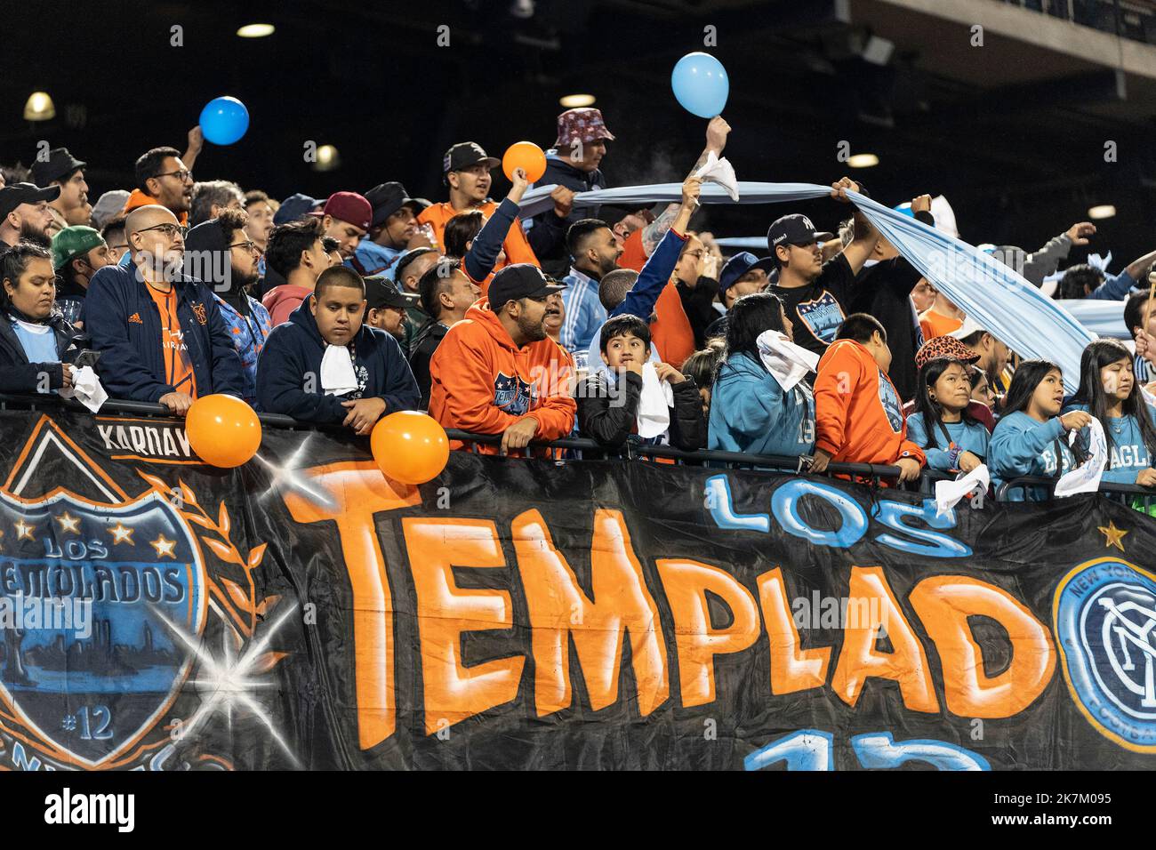 New York, USA. 17th Oct, 2022. NYCFC fans cheers and celebrates during Audi 2022 MLS Cup playoffs round one against Inter Miami CF at Citi Field in New York on October17, 2022. NYCFC won 3 - 0 and progressed to Eastern Conference semifinal against CF Montreal. (Photo by Lev Radin/Sipa USA) Credit: Sipa USA/Alamy Live News Stock Photo