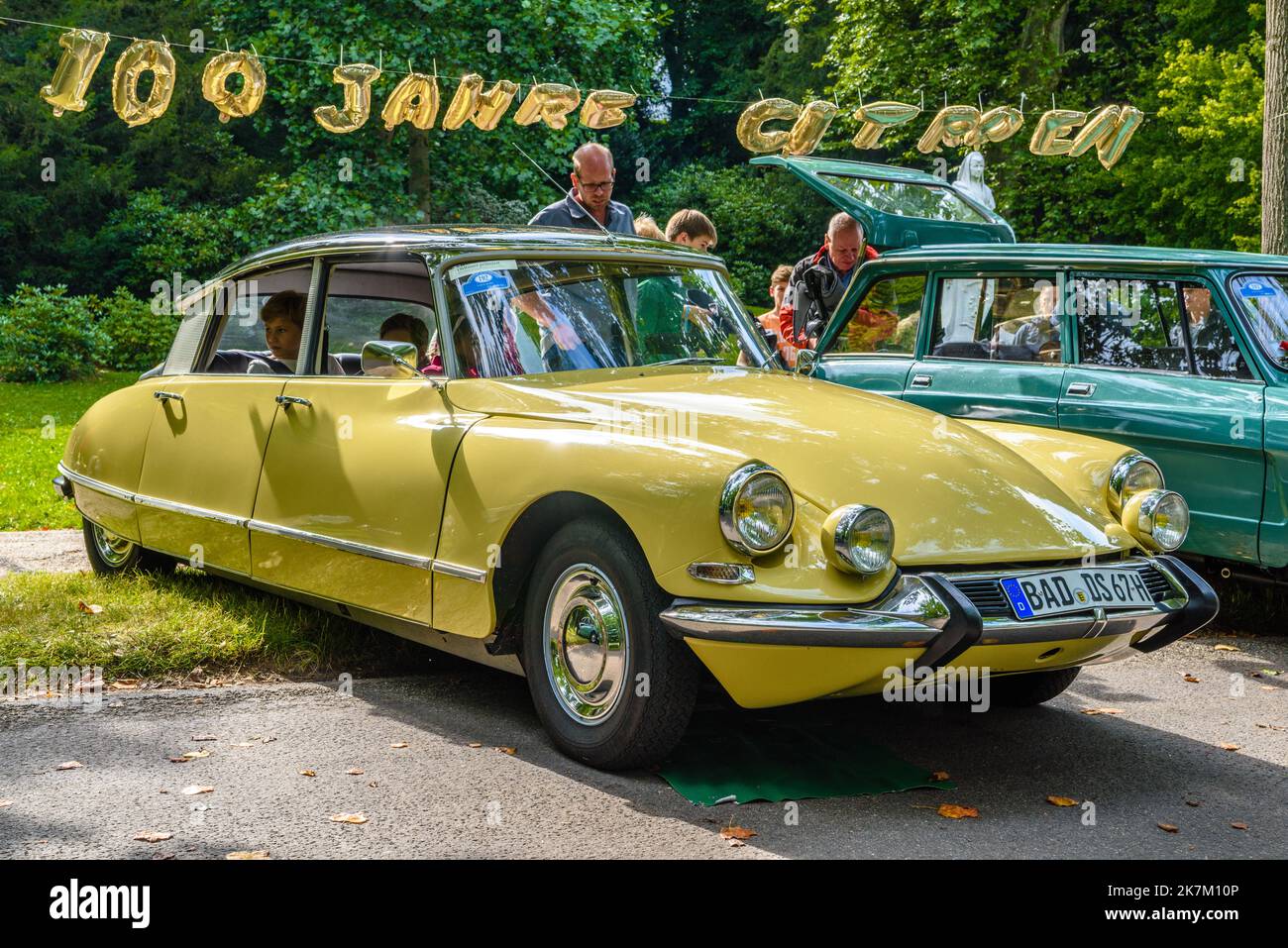 BADEN BADEN, GERMANY - JULY 2019: light yellow CITROEN DS DS4 CROSSBACK sedan 1955 1975, oldtimer meeting in Kurpark. Stock Photo