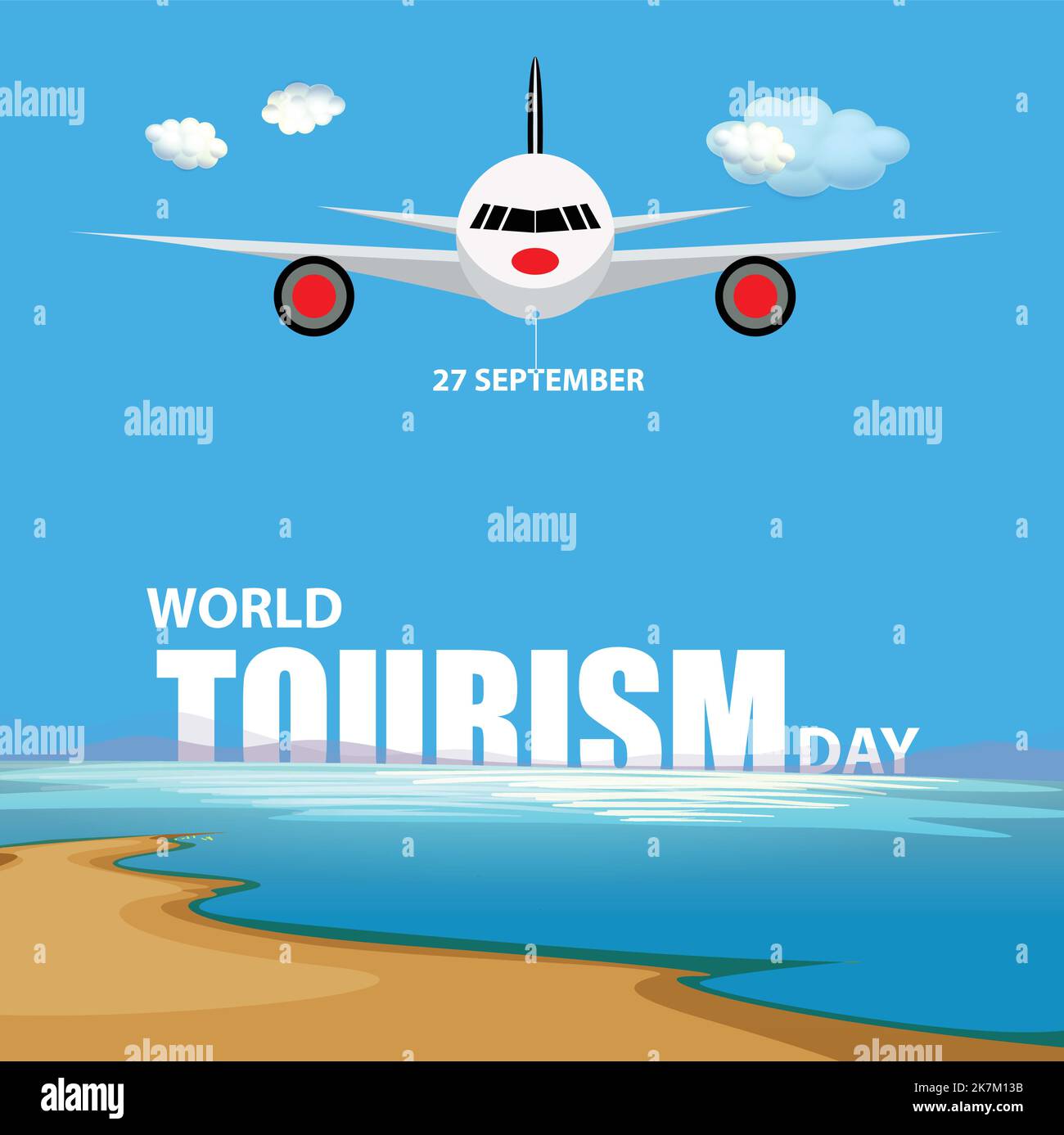 World tourism day 27 September beautiful typography with beach, ocean, sky and airplane vector illustration. Stock Vector