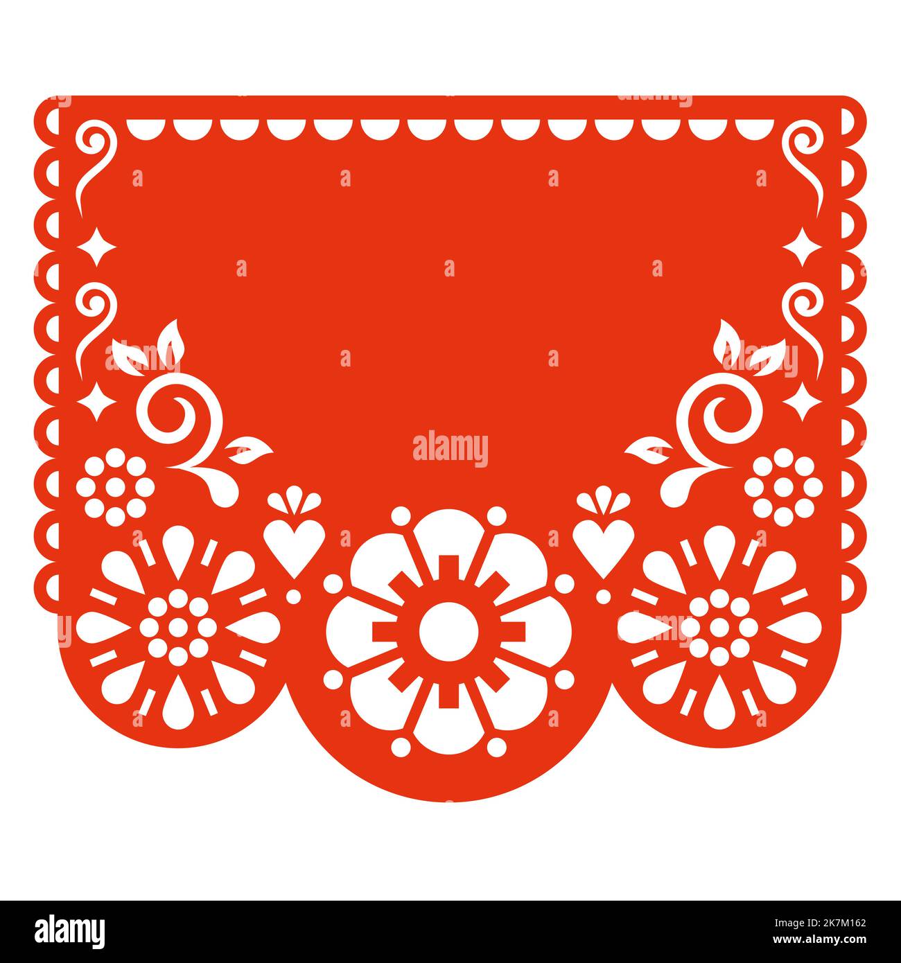 Papel Picado vector template design with flowers and blank space for text, Mexican cutout paper garland decoration in red on white background Stock Vector