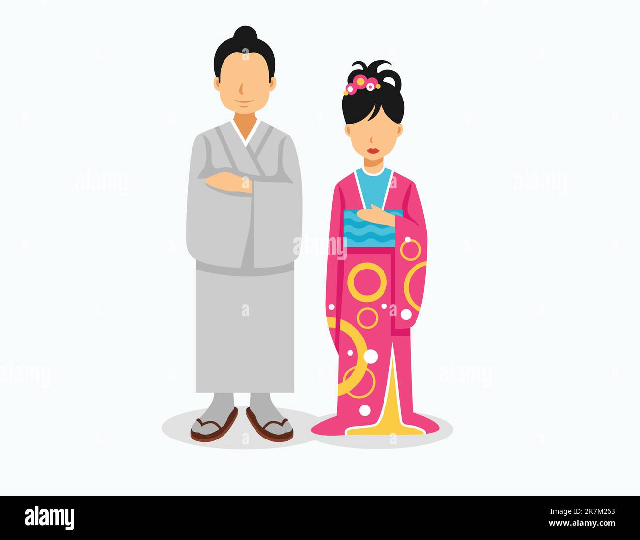 chines, japan couple wearing traditional outfit character illustration on white isolated background Stock Vector
