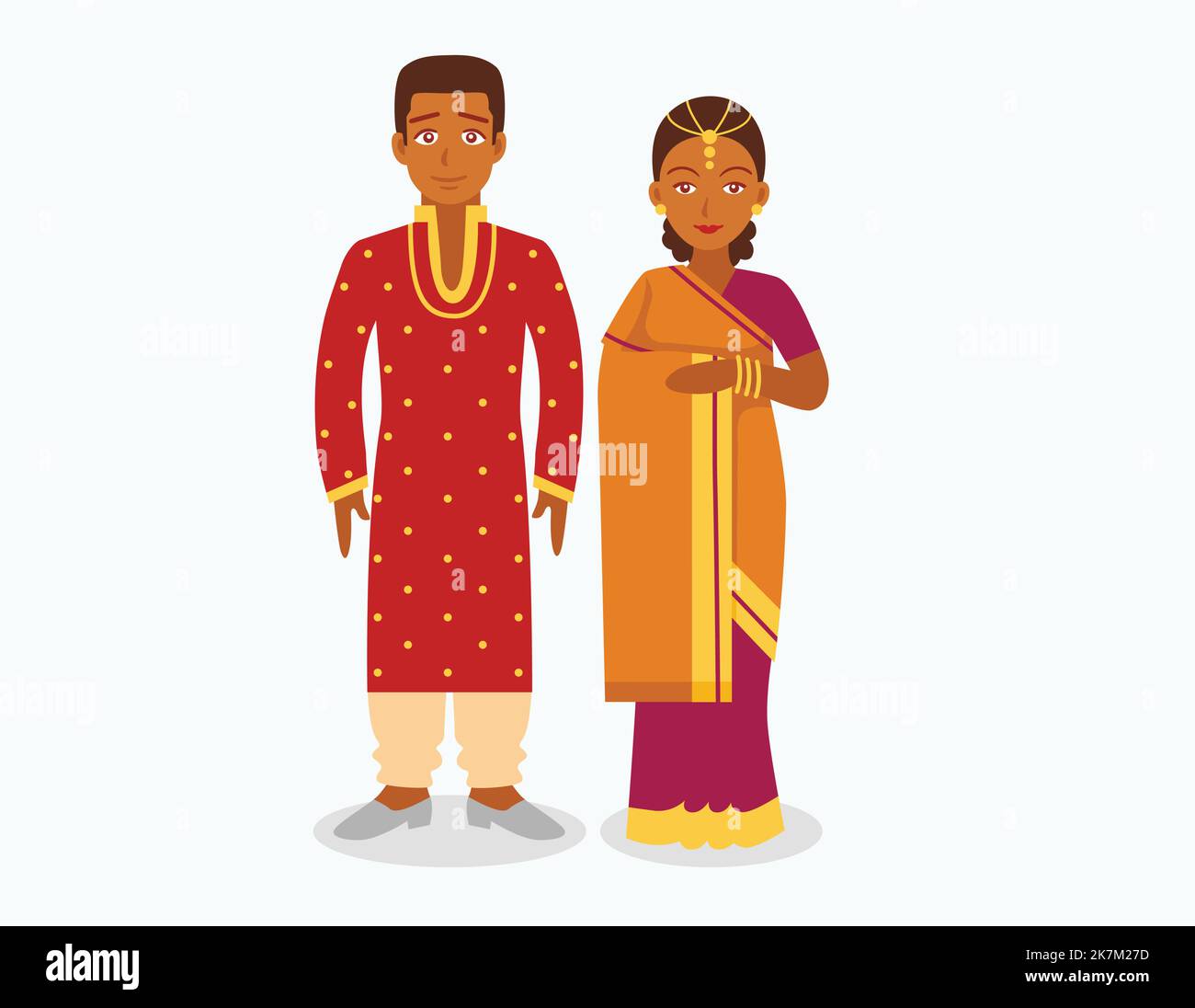 indian couple wearing traditional outfit character illustration on white isolated background Stock Vector