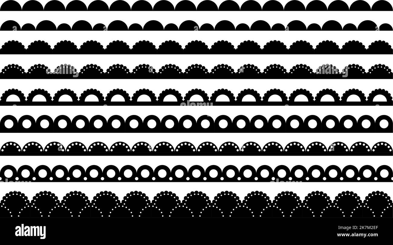 Scalloped edge seamless brush strokes set. Simple scalloped border