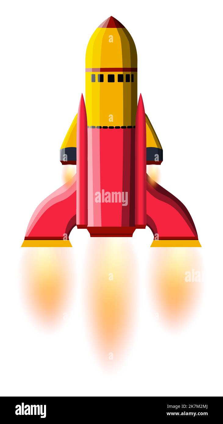 Cartoon space rocket with yellow and red body, with massive racks and ...