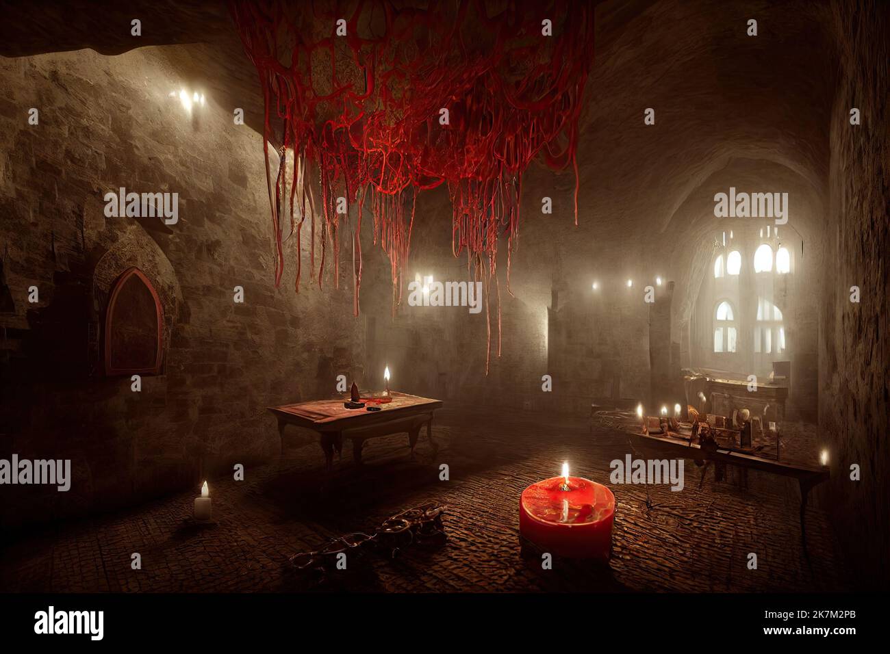 terrifying torture chamber of Dracula's castle. Setting for horror games. Furniture is splattered with blood, and the torture instruments are lit by Stock Photo