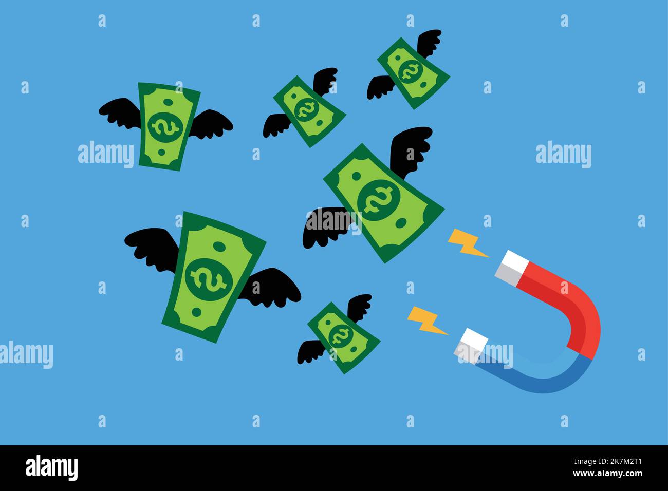 attract money dollar bills with a large magnet Vector illustration in flat design style money flying Stock Vector
