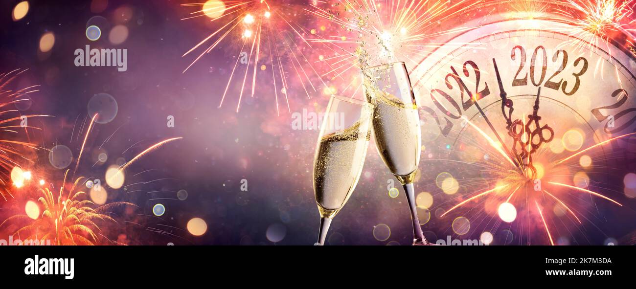 2023 new year celebration with champagne countdown to midnight