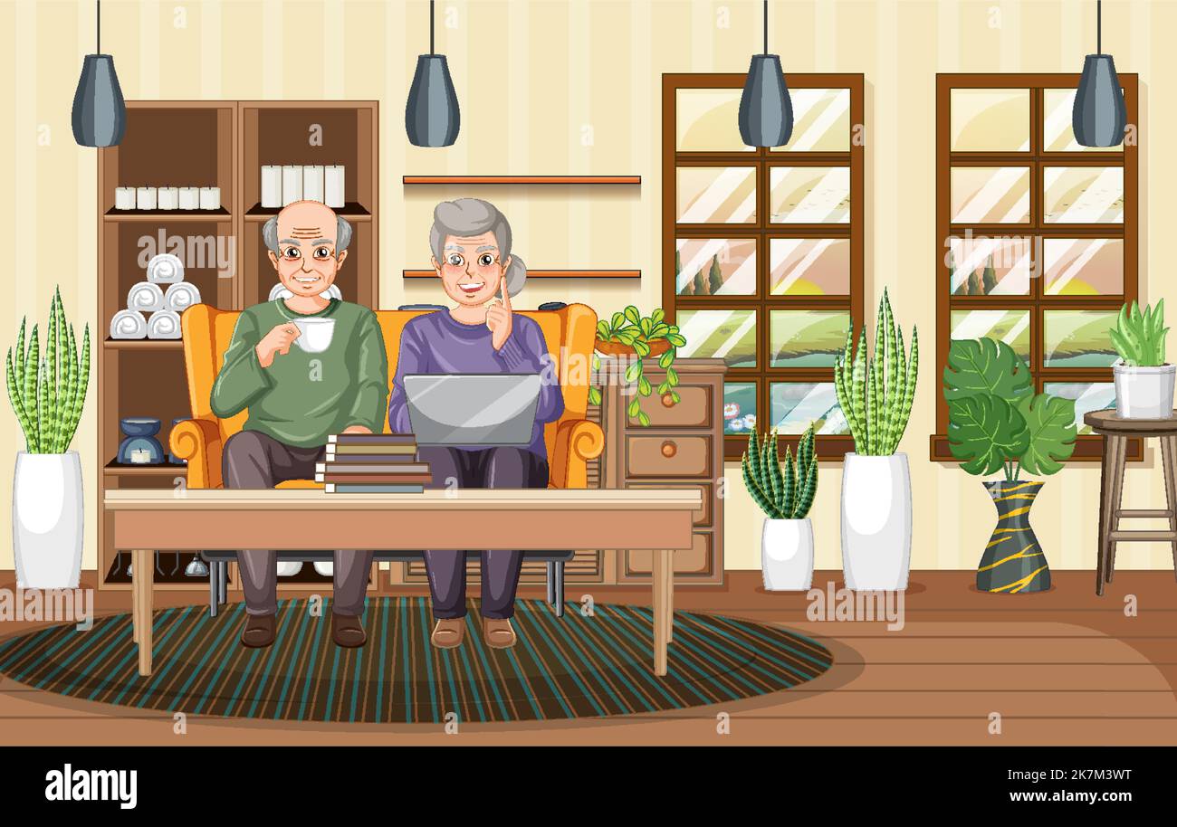 Senior couple using laptop at home illustration Stock Vector