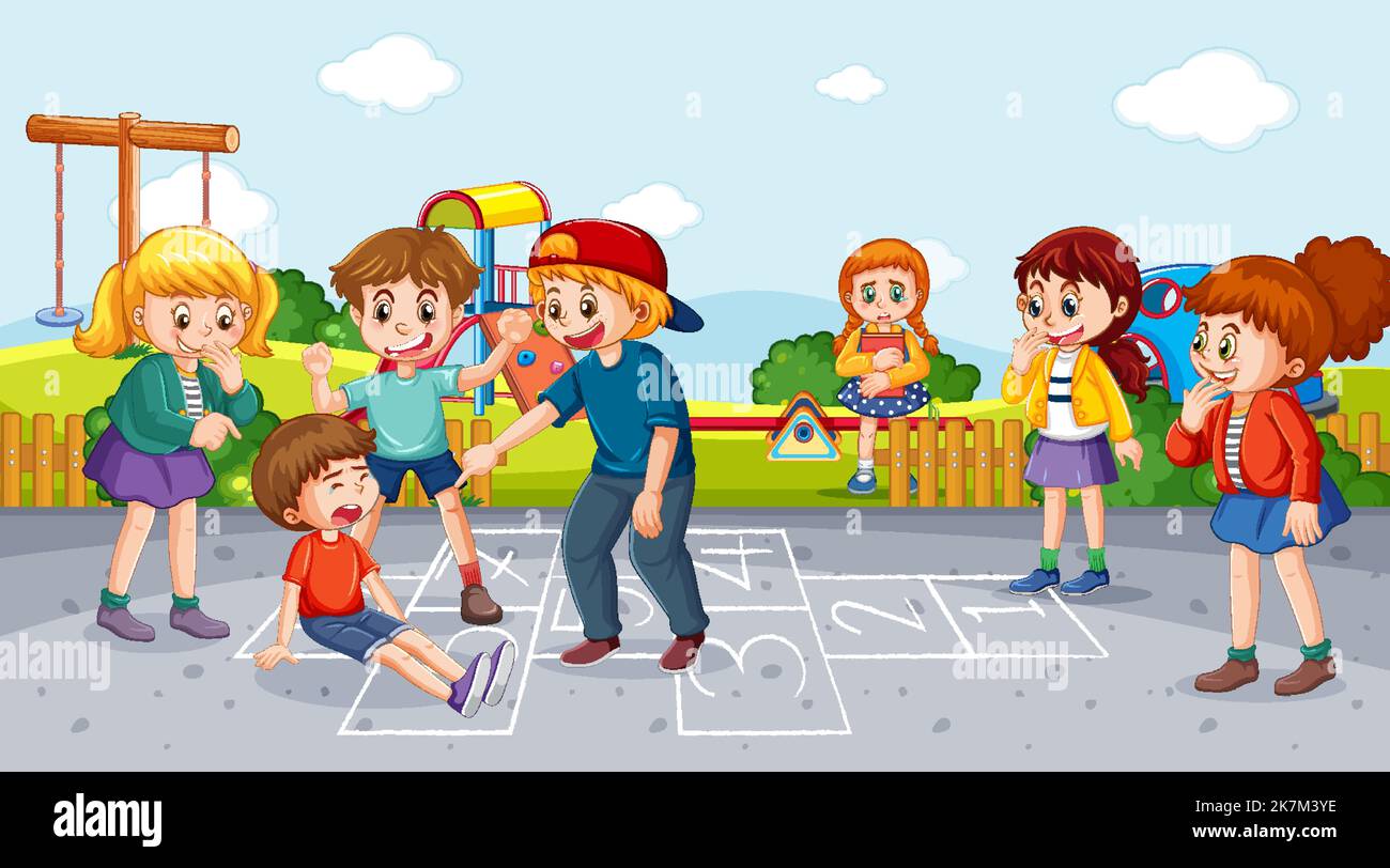school-playground-with-kids-bullying-cartoon-concept-illustration-stock