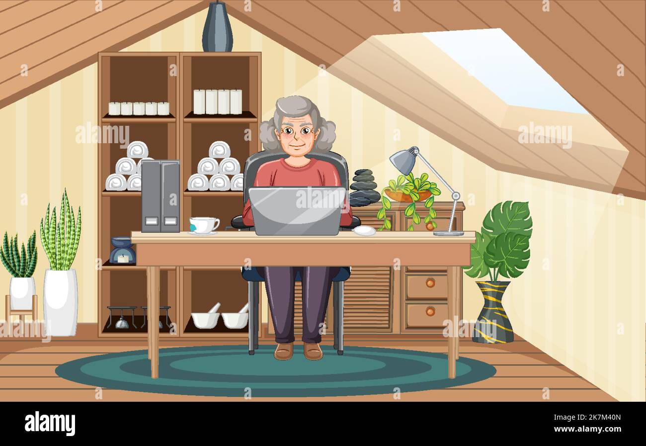 Senior woman using laptop at home illustration Stock Vector