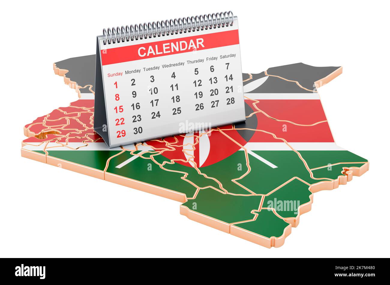 Desk calendar on the map of Kenya. 3D rendering isolated on white