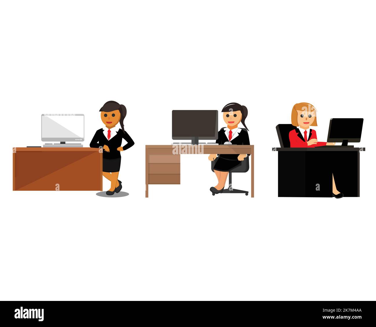 set of business woman at different workplaces as a boss, concept of woman boss move diversity vector. Stock Vector