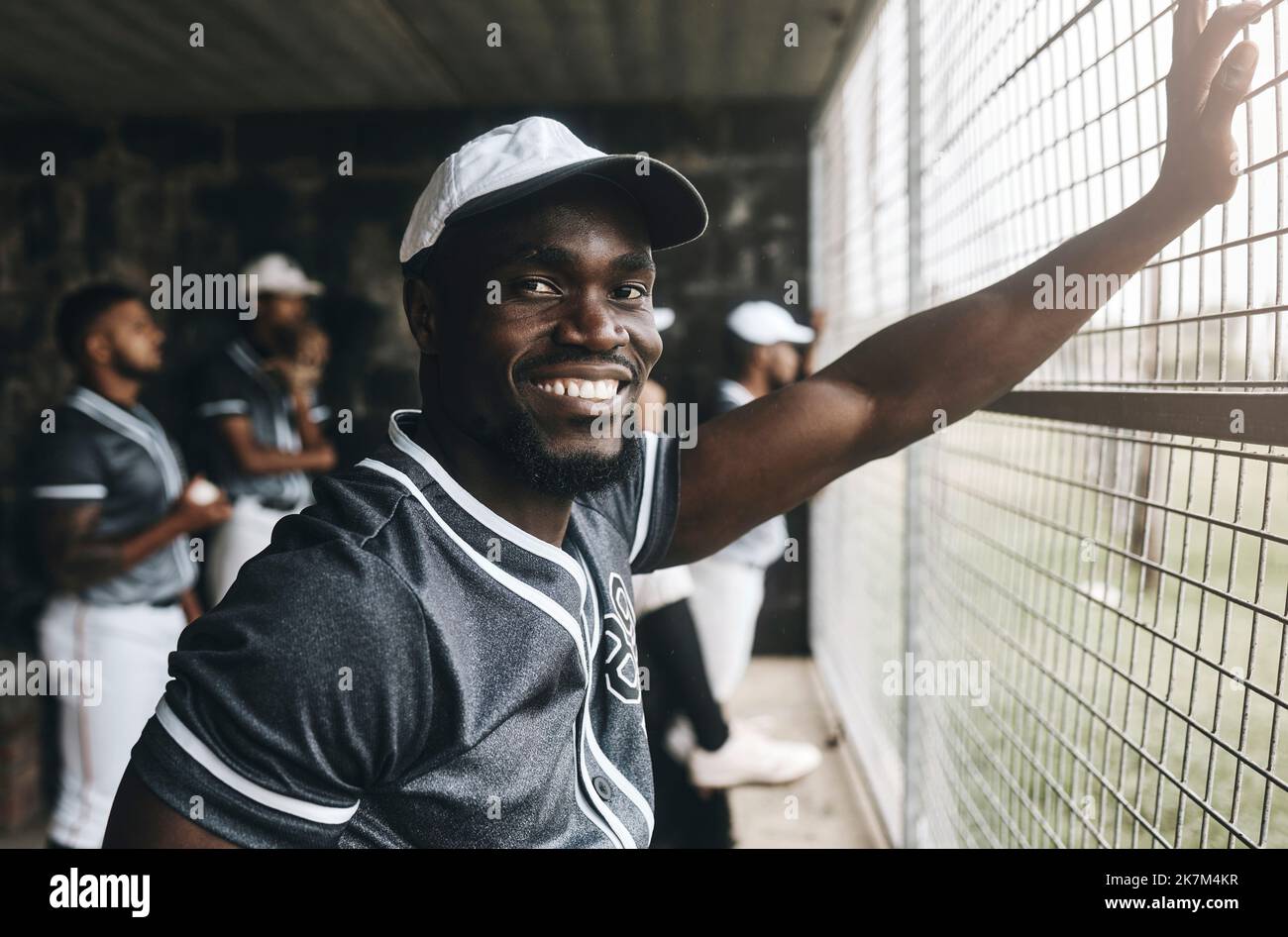 Baseball, training and portrait of coach in dugout, smile, relax and