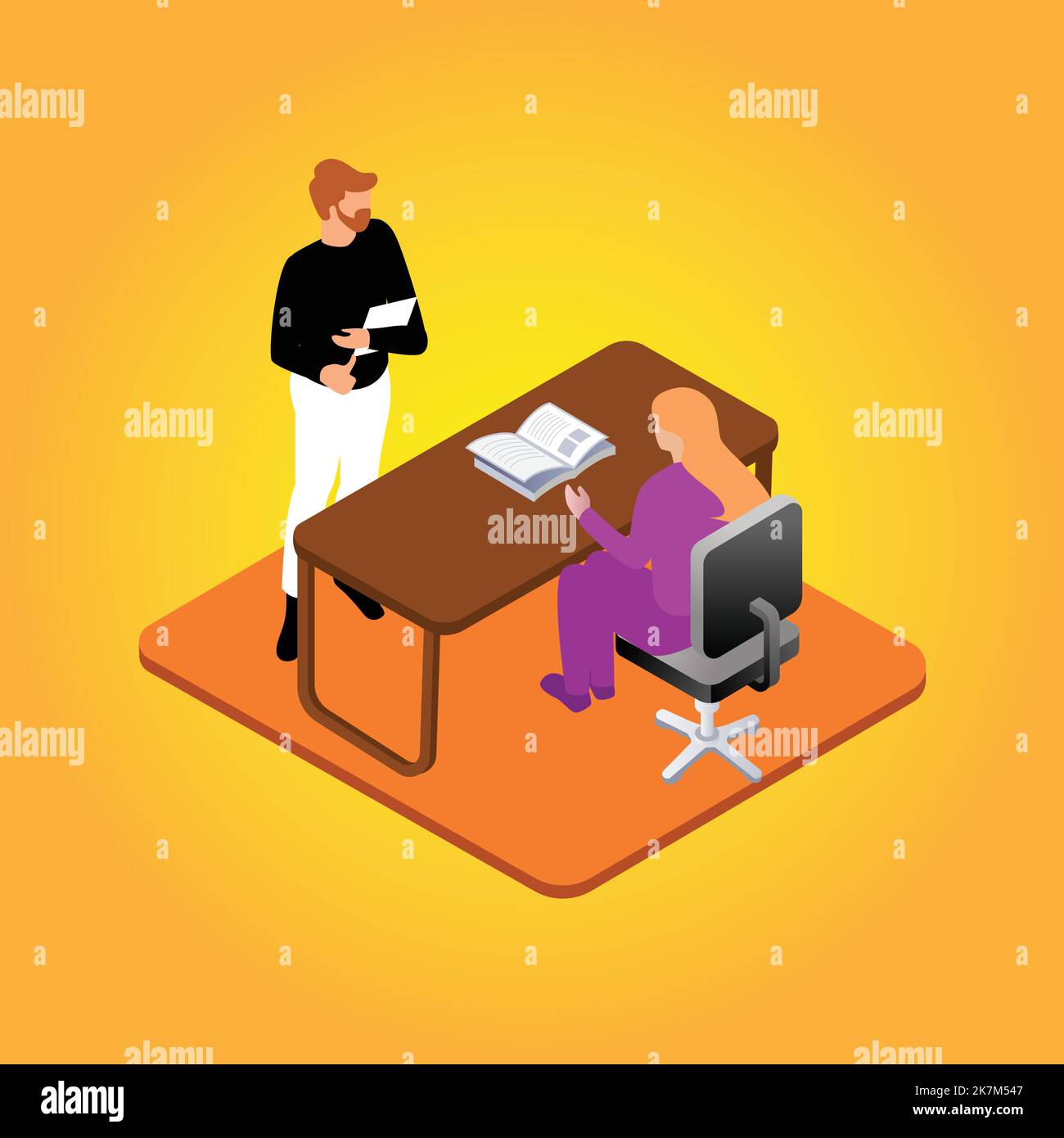 a woman boss watching men employ work in her office. woman boss move vector illustration. Stock Vector