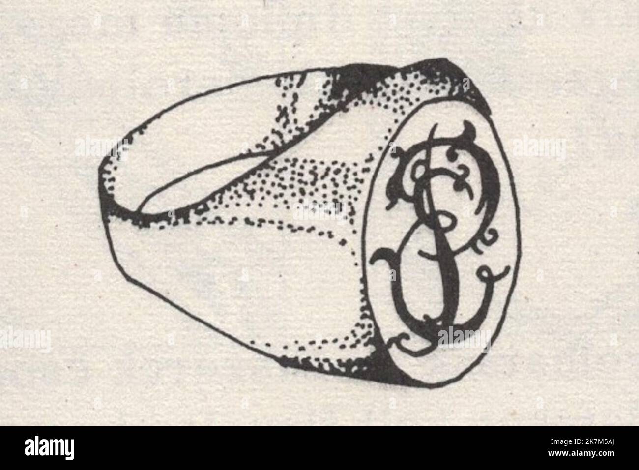 an illustrated collection of engraving techniques, methods and tools from an unknown book : jewellery ring / oval ring  / kaul ring : monogrammed ring / engraved ring / PE monogram Stock Photo