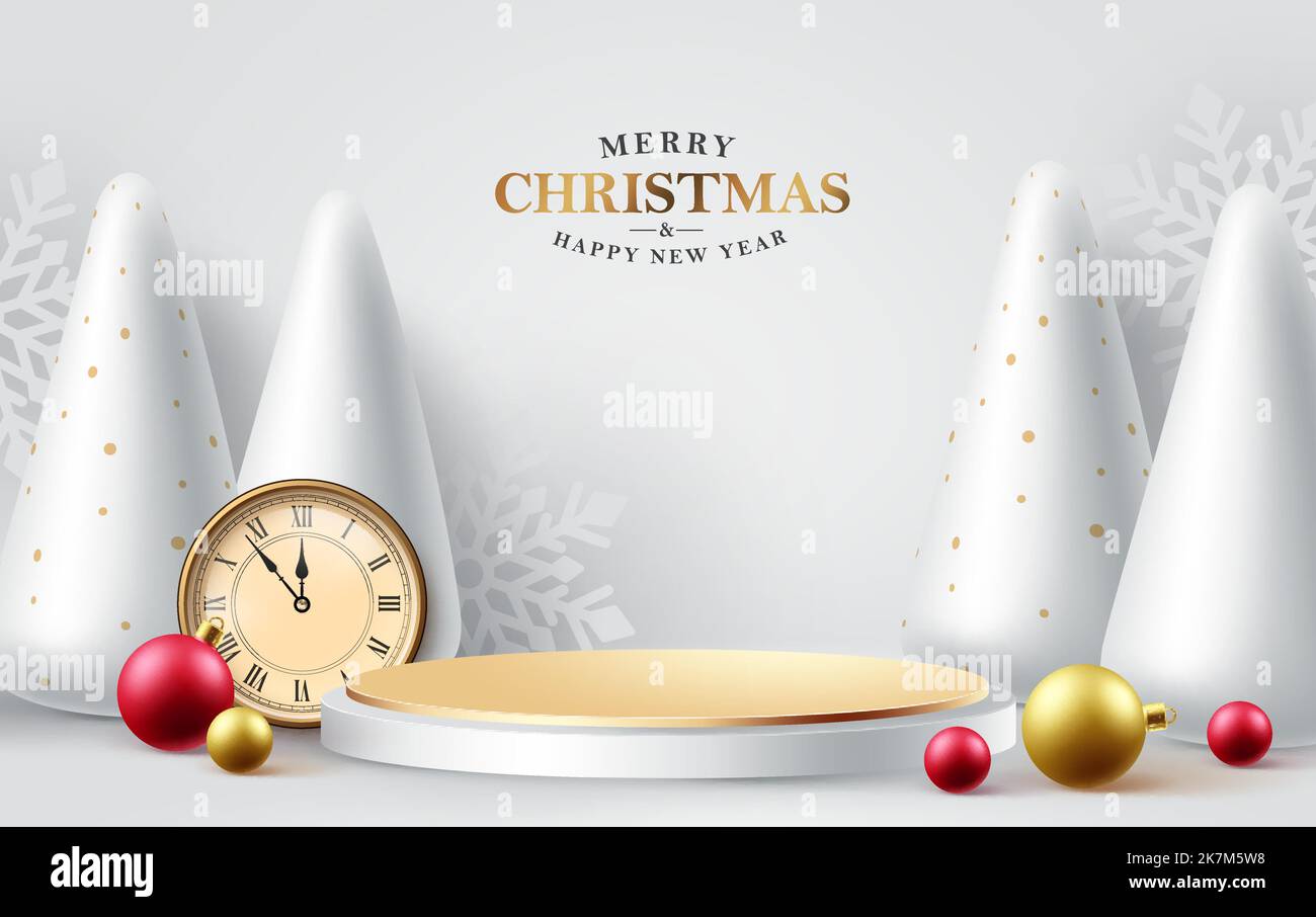 Merry christmas text vector background design. Christmas podium, stage and studio for white and minimal xmas mock up decoration. Vector Illustration. Stock Vector