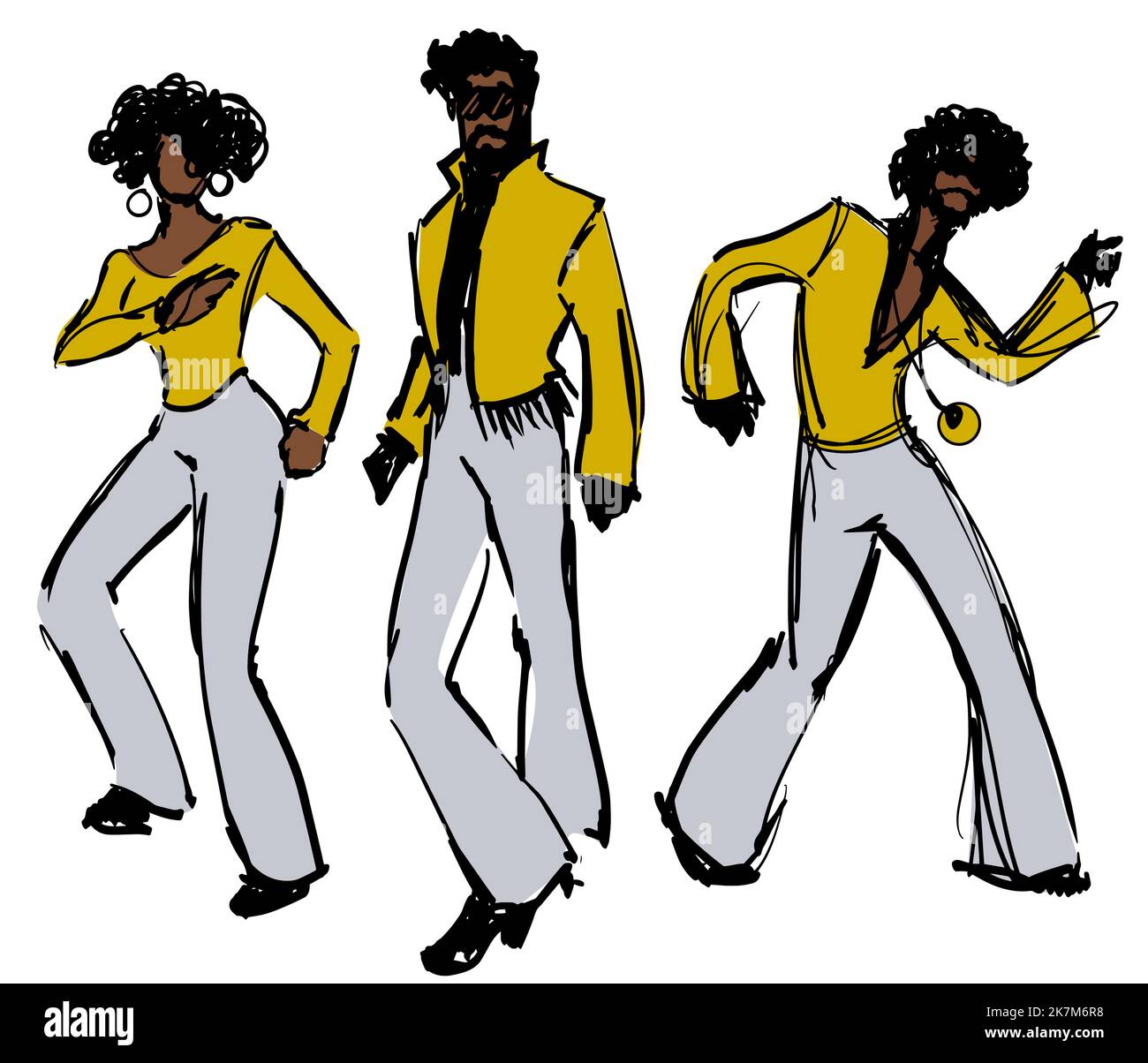 Hand drawn ink drawings of young people wearing retro 70s style clothes dancing soul music or disco dance, isolated on white background Stock Vector