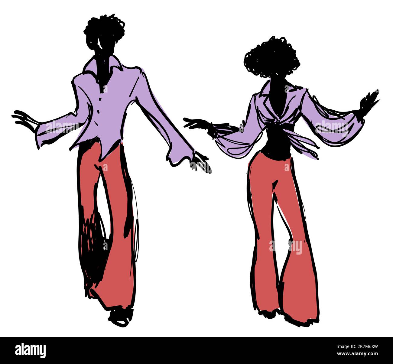Hand drawn ink drawings of young people wearing retro 70s style clothes dancing soul music or disco dance, isolated on white background Stock Vector