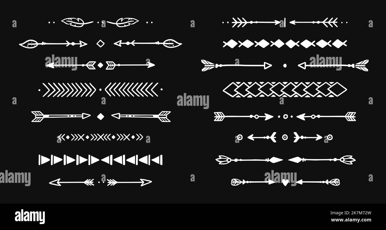 Mexican arrow hand drawn chalkboard element set. African, aztec rustic ethnic arrow, ornament divider. Tribal boho decor design. Vector illustration. Stock Vector