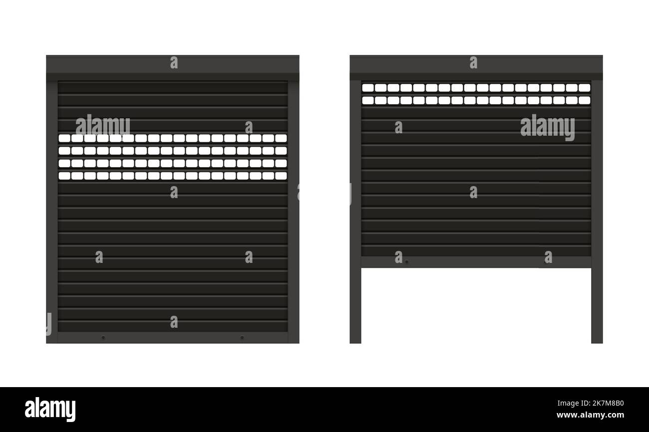 Black closed and ajar perforated roller garage shutter door with