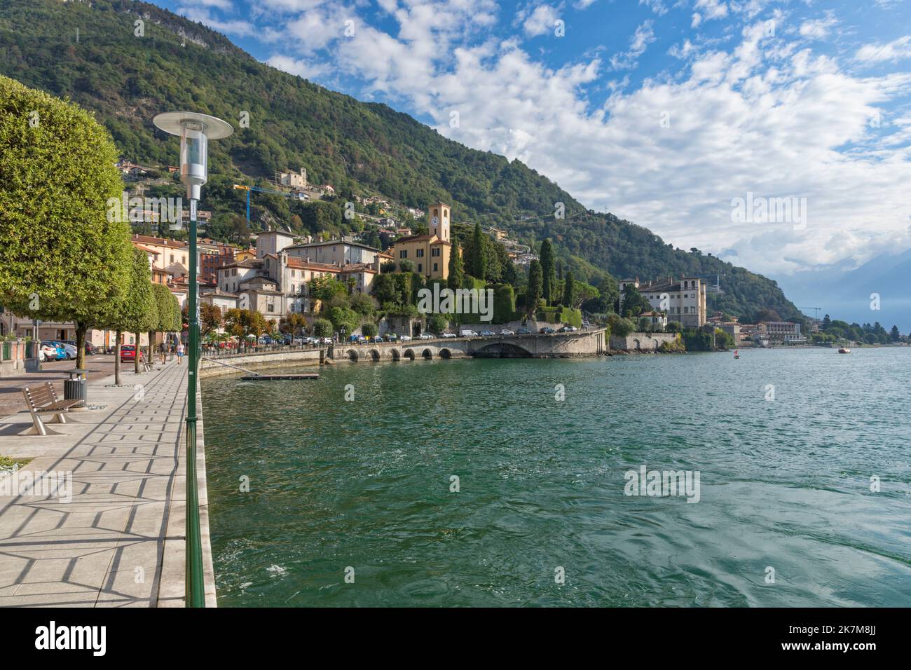 Town of Gravedona ed Uniti on Lake Como with boardwalk and Palazo Gallio Stock Photo