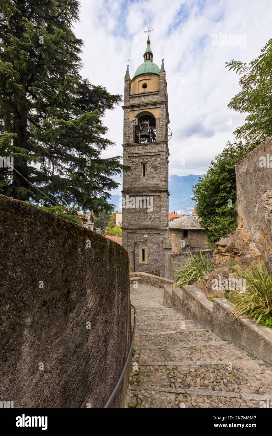 Bell tower of gothic church Santi Nazaro e Celso at bellano on Lake Como Stock Photo