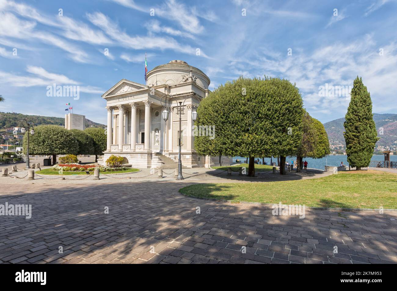 Museum for historic physician Alessandro Volta, the Tempio Voltiano, at Como, Italy. Unidentfiable people in the background Stock Photo
