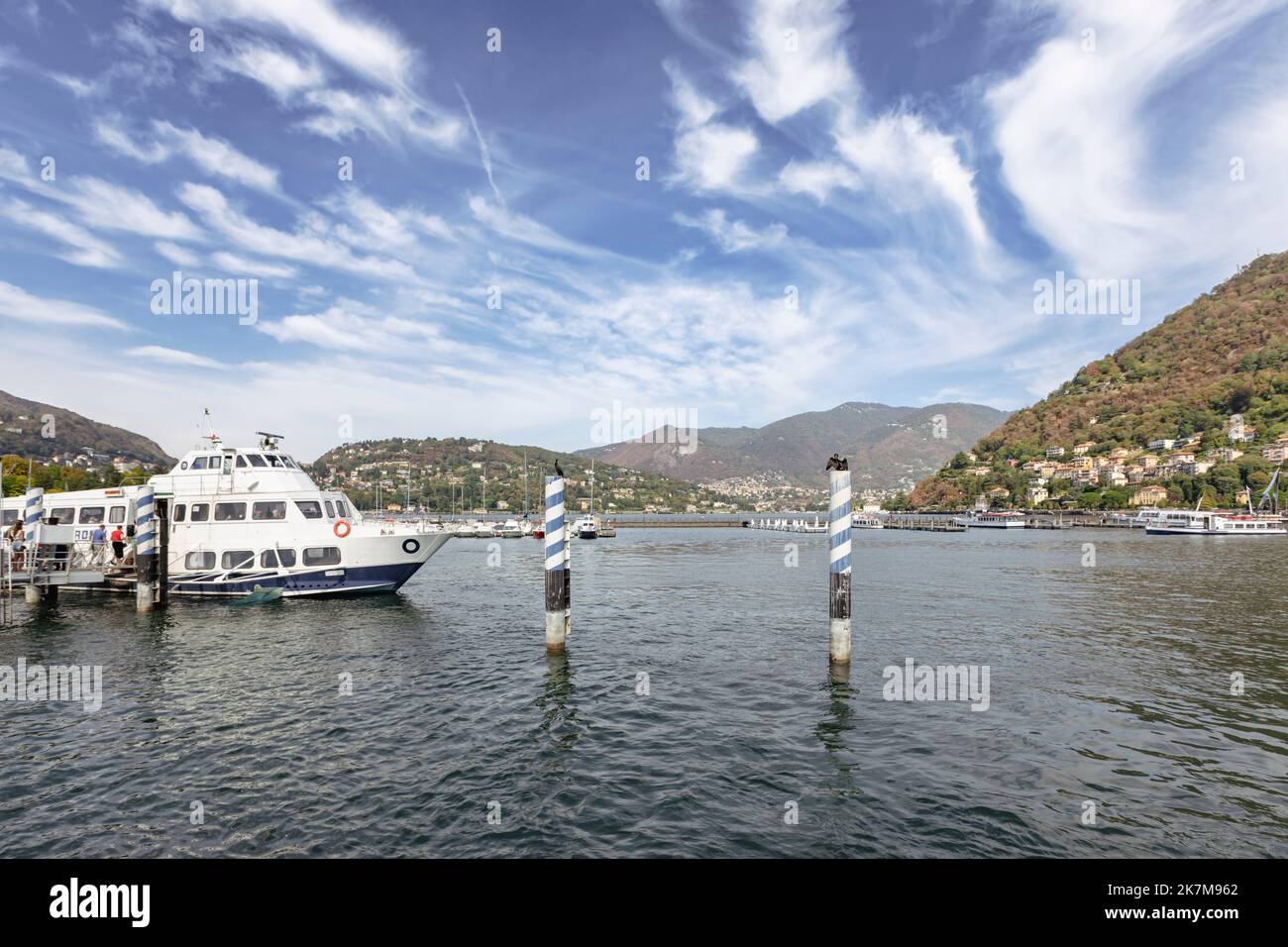 Ferry boat at the harbor of Como, Lombardy, Italy Stock Photo