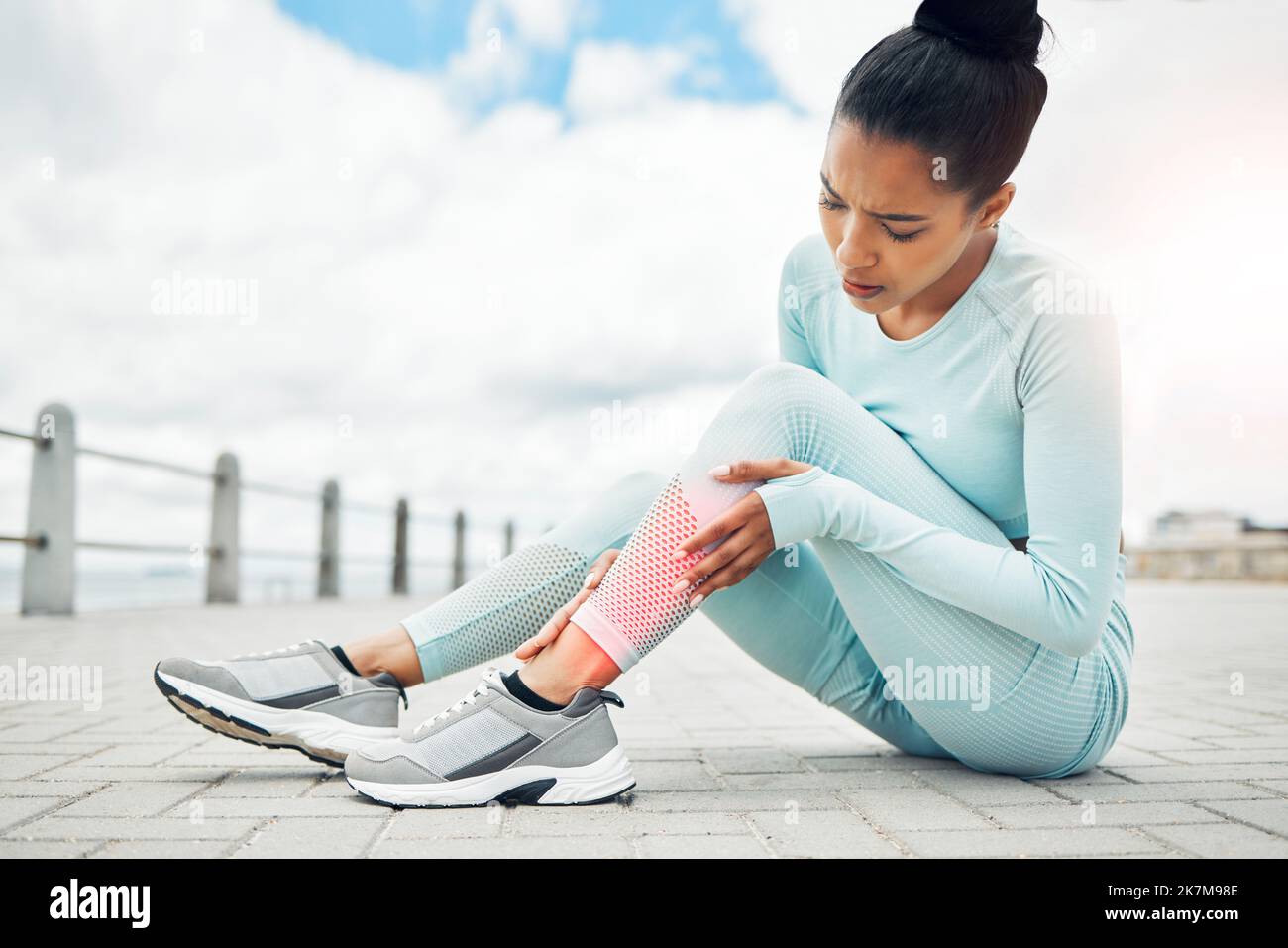 Fitness, injury and running with leg pain of woman and muscle sore for