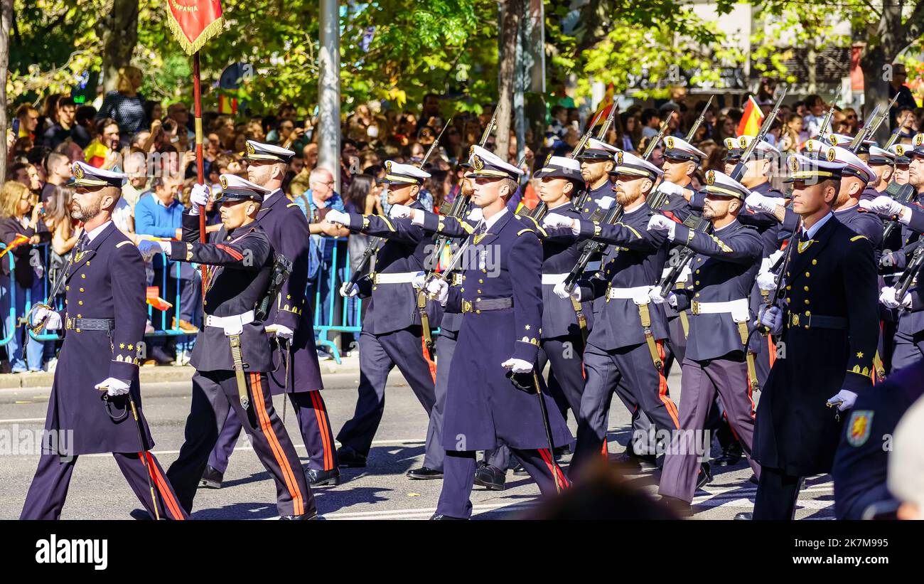 Madrid, Spain, October 12, 2022: parade of the army of the Spanish Navy through the streets of Madrid on Columbus Day. Stock Photo