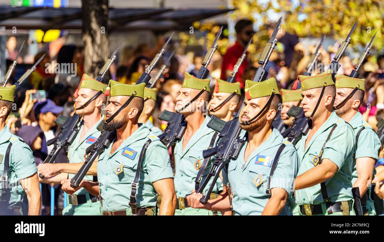 Madrid, Spain, October 12, 2022: parade of the special corps of the Legionaries in the streets of Madrid on Columbus Day. Stock Photo