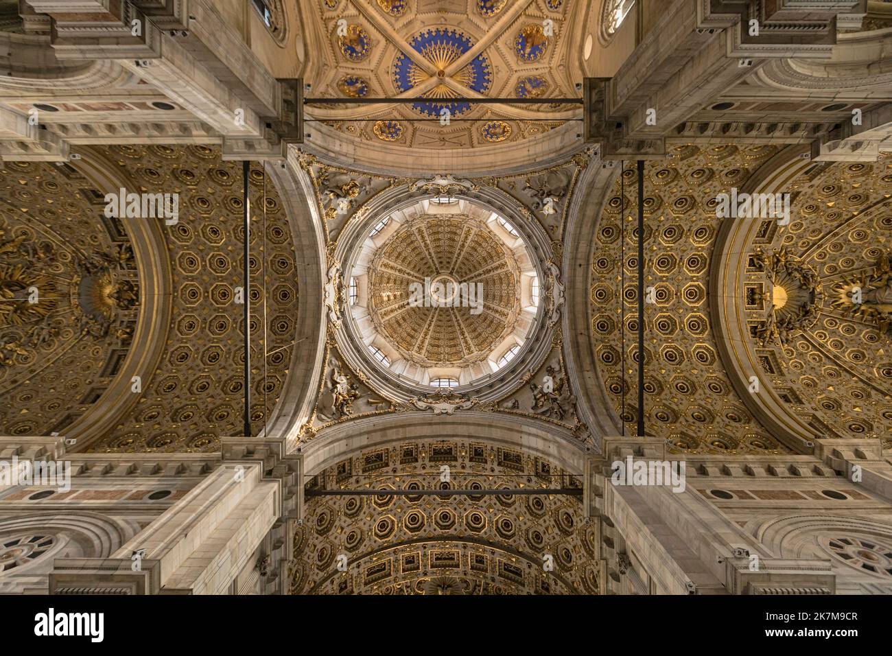 Vault of Como Cathedral or Cattedrale di Santa Maria Assunta or Duomo di Como with the 75 meter high dome in center. Stock Photo