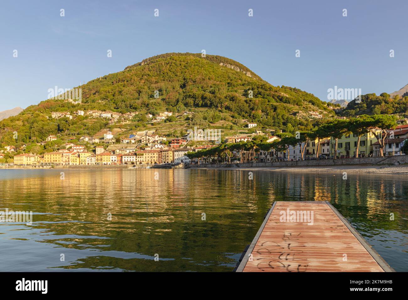Town of Domaso on northwestern lakeside of Lake Como at sunrise Stock Photo