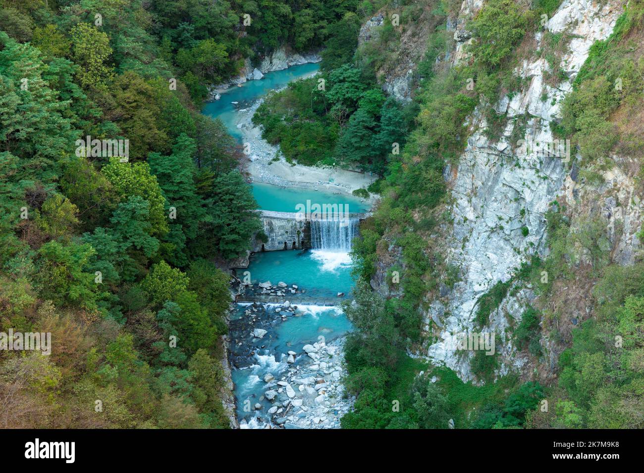 Aerial view of cascades at Gola delle Casandre gorge at Sondrio, Valtellina, Italy Stock Photo