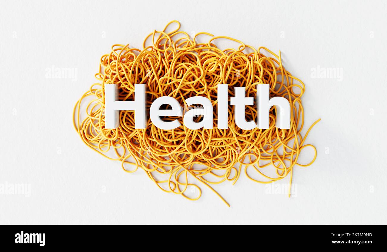 Health word on a tangled pile of string. mental health and problem solving concept. 3D Rendering Stock Photo