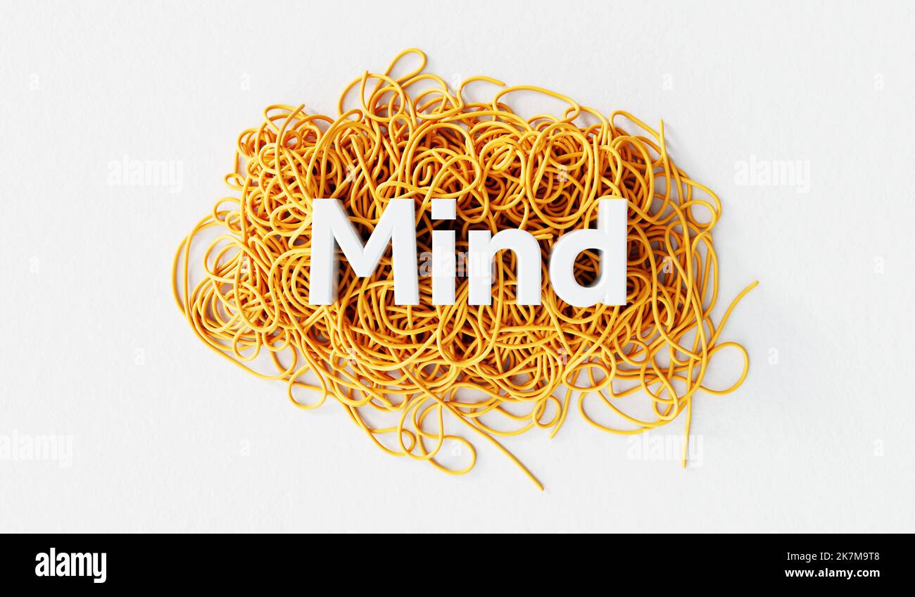 Mind word on a tangled pile of string. mental health and personal development. 3D Rendering Stock Photo