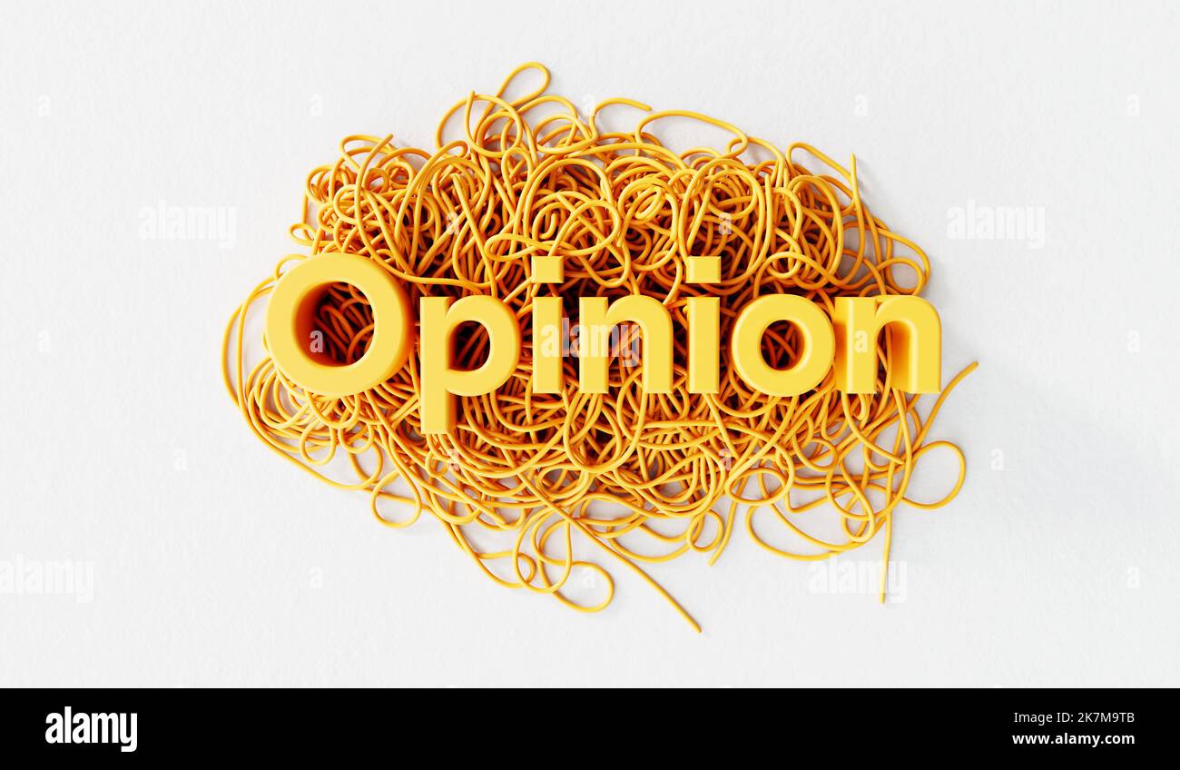 Opinion word on a tangled pile of string. business solving concept. 3D Rendering Stock Photo